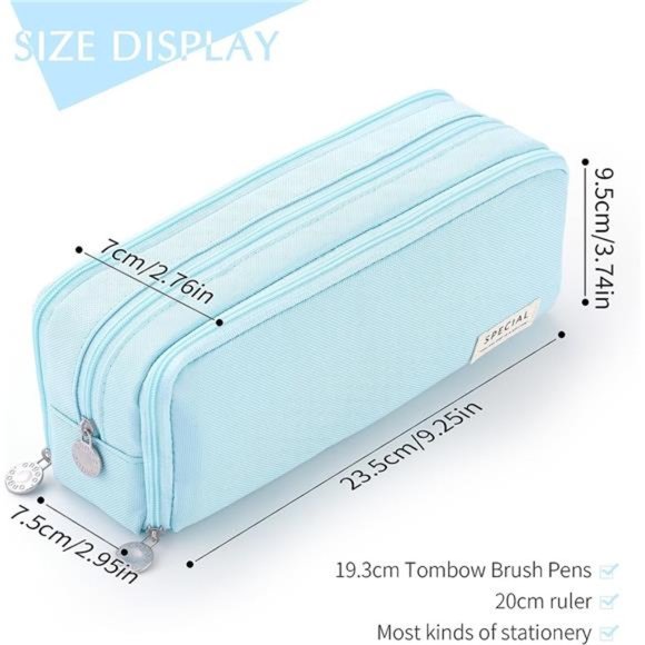 Large Capacity Pencil Case 3 Compartment Pouch Pen Bag Light Blue - Picture 4 of 6